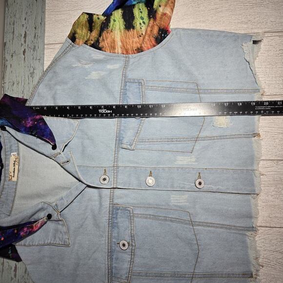 Upcycled Denim Cropped Jacket Thrashed Tie Dye Sleeves Detach Hood 50" Chest - Picture 12 of 13